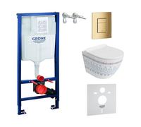 Lavita Élément mural Solido + WC suspendu Sofi Slim Folklor sans bord + abattant de WC avec système d'abaissement automatique bouton doré - Kit complet encastré - WC complet