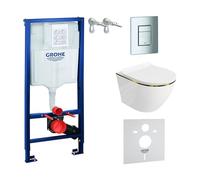 Lavita Élément mural Solido + WC suspendu Sofi Slim Gold Line sans bord + abattant de WC avec système d'abaissement automatique Bouton chromé Kit complet encastré WC complet