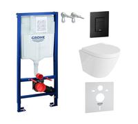 LAVITA Élément mural Solido + WC suspendu Sogo blanc sans bord + siège de WC avec système d'abaissement automatique bouton noir - Kit complet encastré pour chasse d'eau