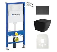 Lavita Geberit Duofix Basic Ensemble WC avec élément de fixation + évier mural Lago noir sans bord + siège de WC + panneau de commande Delta 25 bouton noir Kit complet encastré pour réservoir de