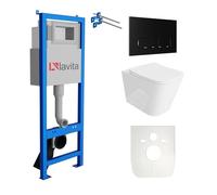 Lavita LAV 101 bâti-support pour WC 40 cm + WC suspendu à montage mural à chasse d'eau profonde MAIO Blanc sans rebord + Plaque de commande LAV 200.3.4 Noir Ensemble complet de WC Ensemble complet de