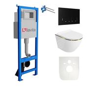 Lavita LAV 101 Élément de préparation murale pour WC 40 cm + WC suspendu mural à chasse d'eau profonde SOFI SLIM GOLD LINE sans rebord de chasse + panneau de commande LAV 200.3.4 noir + siège WC avec