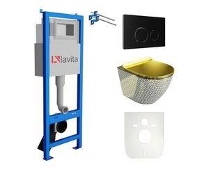Lavita LAV 101 Élément mural pour WC 40 cm + évier mural suspendu profond Sofi Slim Gold Never die sans bord + panneau de commande LAV 200.4.4 Noir Kit complet encastré
