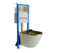 Lavita LAV 101 Élément mural WC 40 cm + évier mural SOFI SLIM CHECKED GOLD sans bord + panneau de commande LAV 200.3.5 Gold | Kit complet | Réservoir de chasse encastré