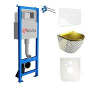 Lavita LAV101 Elément bâti-support pour WC 40cm+WC SOFI SLIM CHECKED GOLD sans rebord+plaque de commande LAV 4.1 blanc |Kit|