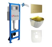 Lavita LAV 101 Élément mural WC 40 cm + évier mural SOFI SLIM CHECKED GOLD sans bord + panneau de commande LAV 200.3.5 Gold | Kit complet | Réservoir de chasse encastré