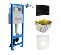 Lavita LAV101 Elément bâti-support pour WC 40cm+WC suspendu SOFI SLIM CHECKED GOLD sans rebord+plaque de commande LAV 3.4 noir