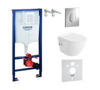 LAVITA Solido Start + WC suspendu mural Salto blanc sans bord + siège de WC avec système d'abaissement automatique Bouton chromé Kit complet encastré WC complet