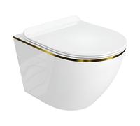 LAVITA WC mural suspendu avec siège de toilette, couvercle de toilette avec système d'abaissement automatique et charnières en métal Sans rebords, cuvette de toilette suspendue Sofi Slim Gold Line