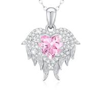 LAVUMO Collier Aile d'Ange Collier Femme Argent 925 Bijoux Femme Pierre de Naissance Pendentif Coeur Idee Cadeau Anniversaire Fête Des Mères Noël Saint Valentin