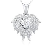 LAVUMO Collier Aile d'Ange Collier Femme Argent 925 Bijoux Femme Pierre de Naissance Pendentif Coeur Idee Cadeau Anniversaire Fête Des Mères Noël Saint Valentin