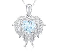 LAVUMO Collier Aile d'Ange Collier Femme Argent 925 Bijoux Femme Pierre de Naissance Pendentif Coeur Idee Cadeau Anniversaire Fête Des Mères Noël Saint Valentin