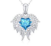 LAVUMO Collier Aile d'Ange Collier Femme Argent 925 Bijoux Femme Pierre de Naissance Pendentif Coeur Idee Cadeau Anniversaire Fête Des Mères Noël Saint Valentin