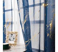 Lavyhuno Lot de 2 Rideaux Transparents de 213,4 cm de Long avec Passe-Tringle pour Salon, Rideaux de Traitement de fenêtre à imprimé en Feuille dorée métallisée, 132,1 x 213,4 cm (l x L), marbre Bleu
