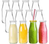 Lawei Lot de 12 Smoothie Bouteille Bouteilles en Verre jus Bouteilles de Lait Liqueur avec 12 pailles réutilisables et 24 couvercles argentés - 325ml