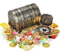 Lawei Lot de 207 coffres au trésor de pirate pour enfants - Couleur antique - Avec 100 pierres précieuses colorées - 100 pièces d'or en plastique - 4 boucles d'oreilles - 2 anneaux - 1 boussole pour