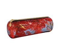 Lawenp Étui à Crayons cylindrique en Cuir Nature Feuilles Rouges Motif Durable Bureau Papeterie Pochette Crayon Pochette Organisateur de Stockage