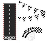Lawnoval Ensemble de drapeaux de course à carreaux avec 10 drapeaux portatifs, bannière de 30 cm et tapis de course de 200 x 60 cm pour décoration d'événement extérieur ou intérieur, noir et blanc