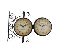 Lawnoval Horloge murale double face style gare centrale antique, 20,3 cm, quartz marron vintage silencieux avec support en fer forgé