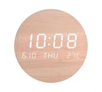 Lawnoval Horloge murale numérique LED silencieuse avec affichage de l'heure, de la date, du jour et de la température, construction en MDF et bois, style lin coton pour chambre à coucher ou salon