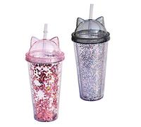 Lawnrden Bouteille d'eau avec paille pailletée, Double couche, tasse à boire avec oreille de chat pour fille, 2 pièces, 400-500ml, gris |.Gobelet avec Paille