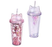Lawnrden Bouteille d'eau avec paille pailletée, Double couche, tasse à boire avec oreille de chat pour fille, 2 pièces, 400-500ml, transparente |.Gobelet avec Paille
