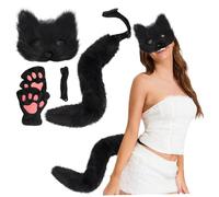 Lawnrden Costume Fox Halloween Furry Masque Therian et Tail & Paws Gants en peluche Cat de loup de mouche à fourrure avec masque, queue et gants pour la fête cosplay Halloween Masquerade (noir) |