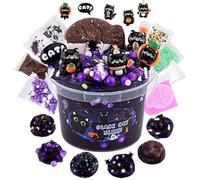 LAWOHO Kit de slime noir pour chat avec argile, seau à slime transparent violet pour filles et garçons avec 9 paquets de jouets pour chat pour enfants, kit de fabrication de slime anti-adhésif pour