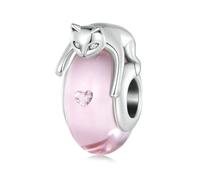 LAYCHEN Breloques Chat En Argent Sterling 925, Perles De Verre Rose, Serties De Zircones Cubiques, Pour Bracelet Original Pour Femme, Bijoux Fins