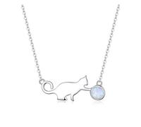 LAYCHEN Collier Avec Pendentif En Argent Sterling 925 En Forme De Chat Jouant Au Ballon, Chaîne À Maillons En Opale, Pour Femmes Et Filles, Cadeau