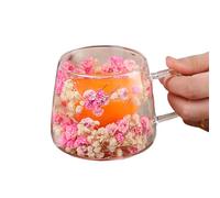 Layer Flowers Tasse à café, 200 ml, tasse en verre, motif fleurs séchées, double couche, pour boissons chaudes et froides, pour latte, café, thé, noir, couvercle en plastique