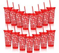 Layhit Lot de 15 gobelets réutilisables en plastique avec paille et couvercle en forme de cœur rouge pour enfants et adultes, pour la Saint-Valentin, un anniversaire de mariage, une fête de 700 ml