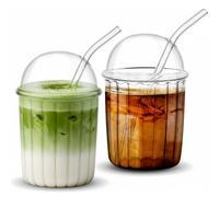 Layhit Lot de 2 gobelets à smoothie avec couvercles et pailles réutilisables - 445 ml - Tasse à café glacé - Tasse à thé à bulles avec couvercle en verre à paille - Gobelet avec couvercle dôme et