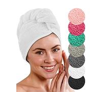 LAYNENBURG Toalla turbante de lujo de 2 piezas Con botón Para Pelo Corto y Largo - 100% algodón - 8 elásticos Para el Pelo Gratis - Turbante de secado rápido y absorbente (Blanc)