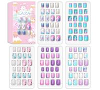 Laza 120pcs Children Nails Press On Pre-glue Full Cover Nail Tips Kit Glitter Gradient Color Rainbow Short Artificial False Nail Kits Lovely for Children Kids Girls - Silver Pearl