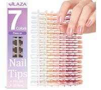 Laza 210pcs Cat Eye Press on Nails 7 Colors Nude Short Square Fake Nails | Reusable & Long-Lasting, Artificial Acrylic False Nail Tips, Natural Nude Glossy, 15 Sizes Press On Nails for Perfect Fit