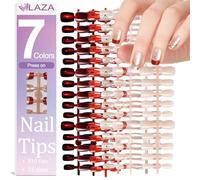 Laza 210pcs Press on Nails for Women 4 Colors Cat Eye Nails and 3 Colors Classic Solid Color Fake Nails Golden Red Love Short Square Reusable Nail Tips in 15 Sizes Long Lasting Salon Fake Nails Stick