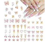 Laza 50pcs Nail Charms Y2k Alloy Nail Rhinestone Charms 3D Heart Star Butterfly Nail Gems Tulips Cherry Pink Bow Jewelry Crystal Shiny Rhinestones Nail Decoration Accessories for Nail Design