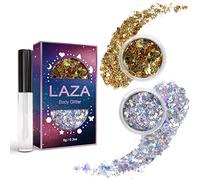 Laza Body Glitter, 2 Jars Holographic Chunky Sequins with Glitter Glue Perfect for Women Eyeshadow Makeup Face Paint Festival Rave outfits Hair Accessories Carnival Party Costumes - Bright Gold Silver