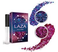 Laza Body Glitter, 2 Jars Holographic Chunky Sequins with Glue for Girls Eyeshadow Makeup Face Paint Festival Rave Outfits Hair Concert Accessories Carnival Party Costumes - Brilliant Purple Red