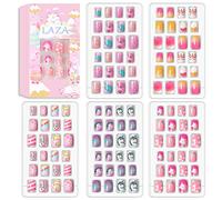 Laza Lot de 120 faux ongles pour enfants pré-collés Couverture complète dégradé de paillettes arc-en-ciel Écailles ondulées Aquarius Faux ongles courts pour enfants et adolescentes - Licorne
