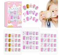 Laza Lot de 60 faux ongles courts pré-collés pour enfants, adolescentes, filles, dégradé de couleur, arc-en-ciel, étoiles - Violet Licorne