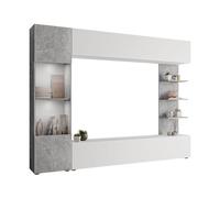 Lazando, mur de montage, mur de média composé d'une armoire suspendue, d'une vitrine, d'un meuble bas TV et d'une étagère murale (blanc/béton, avec éclairage LED blanc)