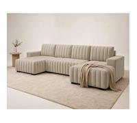 Lazare - Canapé panoramique en U 7 places convertible avec coffre en velours - Beige