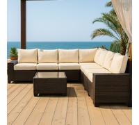 CONCEPT USINE | Salon de Jardin 7 Places Lazaro Résine Marron & Coussins Beige | Canapé d’Angle Modulable + Table Verre | Style Chic & Convivial | Extérieur Terrasse Jardin Patio