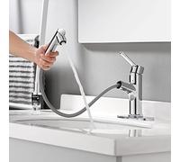 LAZHOME Robinet d'évier de salle de bain avec douchette extractible, trois modes de débit d'eau, robinet de baignoire, robinet de lavabo, robinets avec bec rotatif (standard, chromé)