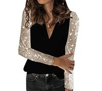 LAZIRO Chemise à Manches Longues à Coutures PailletéEs pour Femmes, Printemps Et Automne Chemise à Col en V Ample pour Femmes
