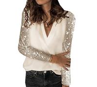 LAZIRO Chemise à Manches Longues à Coutures PailletéEs pour Femmes, Printemps Et Automne Chemise à Col en V Ample pour Femmes