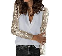 LAZIRO Chemise à Manches Longues à Coutures PailletéEs pour Femmes, Printemps Et Automne Chemise à Col en V Ample pour Femmes