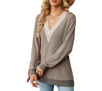 LAZIRO Femmes Automne Et Hiver - Hauts De T-Shirt à Manches Longues Confortables Et DéContractéS avec Col en V Fendu Et Dentelle Femmes